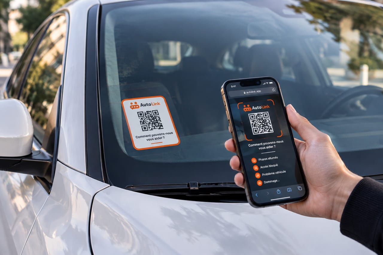 Un téléphone scanne l’autocollant AutoLink collé sur le pare-brise d’une voiture et ouvre la page pour prévenir le propriétaire.